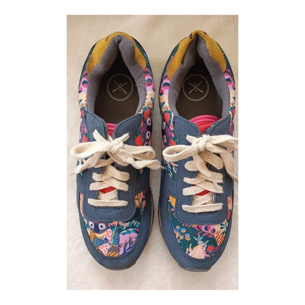 Inkkas Koala Jogger Sneakers Womens 10 Blue Suede Floral Animal Print Shoes